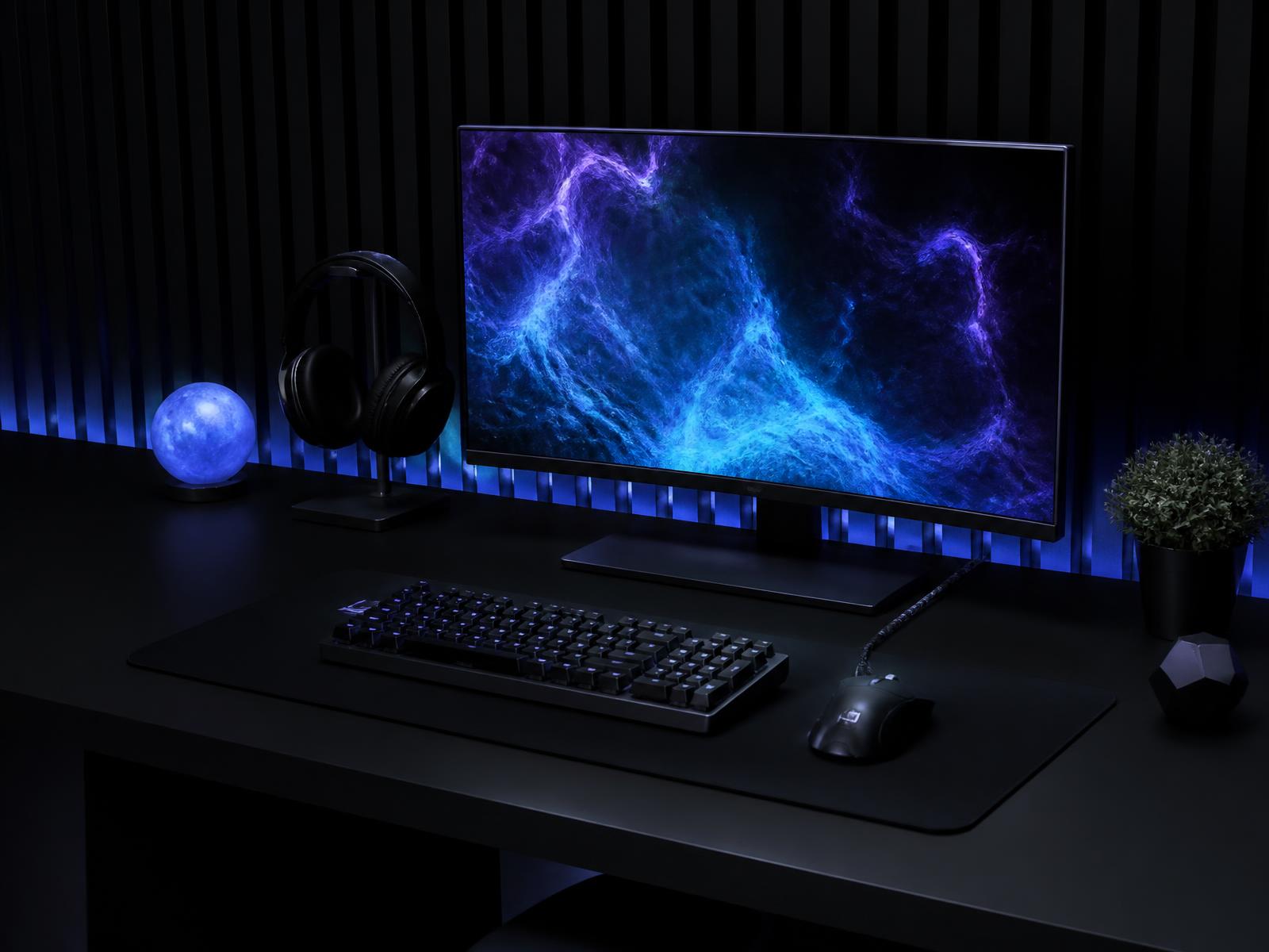 Premium dark desk setup with organized cables and ambient lighting